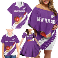 Custom New Zealand Cricket Family Matching Off Shoulder Short Dress and Hawaiian Shirt Kiwi Birds Haka Dance Purple Fern Sporty Style LT03 - Polynesian Pride