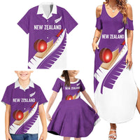 Custom New Zealand Cricket Family Matching Summer Maxi Dress and Hawaiian Shirt Kiwi Birds Haka Dance Purple Fern Sporty Style