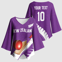 Custom New Zealand Cricket Kimono Sleeve Blouse Kiwi Birds Haka Dance Purple Fern Sporty Style