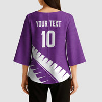 Custom New Zealand Cricket Kimono Sleeve Blouse Kiwi Birds Haka Dance Purple Fern Sporty Style