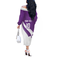 Custom New Zealand Cricket Off The Shoulder Long Sleeve Dress Kiwi Birds Haka Dance Purple Fern Sporty Style