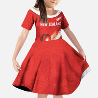 Custom New Zealand Cricket Family Matching Off The Shoulder Long Sleeve Dress and Hawaiian Shirt Kiwi Birds Haka Dance Red Fern Sporty Style LT03 Daughter's Dress Red - Polynesian Pride