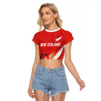Custom New Zealand Cricket Raglan Cropped T Shirt Kiwi Birds Haka Dance Red Fern Sporty Style LT03 Female Red - Polynesian Pride