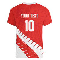 Custom New Zealand Cricket Women V-Neck T-Shirt Kiwi Birds Haka Dance Red Fern Sporty Style