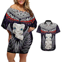 New Zealand Hei Tiki Couples Matching Off Shoulder Short Dress and Hawaiian Shirt Maori Purple Papua Shell Pattern LT03 Purple - Polynesian Pride