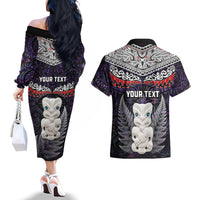 New Zealand Hei Tiki Couples Matching Off The Shoulder Long Sleeve Dress and Hawaiian Shirt Maori Purple Papua Shell Pattern LT03 - Polynesian Pride