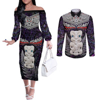 New Zealand Hei Tiki Couples Matching Off The Shoulder Long Sleeve Dress and Long Sleeve Button Shirt Maori Purple Papua Shell Pattern LT03 Purple - Polynesian Pride