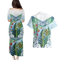 Aotearoa New Zealand Natural Plants Couples Matching Puletasi and Hawaiian Shirt Pohutukawa with Silver Ferns Koru Frond Maori Tattoos