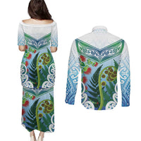 Aotearoa New Zealand Natural Plants Couples Matching Puletasi and Long Sleeve Button Shirt Pohutukawa with Silver Ferns Koru Frond Maori Tattoos