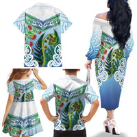 Aotearoa New Zealand Natural Plants Family Matching Off The Shoulder Long Sleeve Dress and Hawaiian Shirt Pohutukawa with Silver Ferns Koru Frond Maori Tattoos LT03 - Polynesian Pride