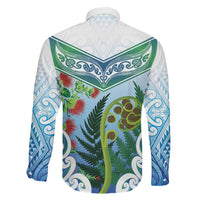 Aotearoa New Zealand Natural Plants Family Matching Off The Shoulder Long Sleeve Dress and Hawaiian Shirt Pohutukawa with Silver Ferns Koru Frond Maori Tattoos LT03 - Polynesian Pride