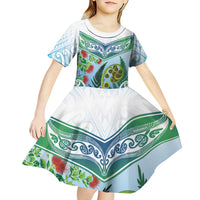 Aotearoa New Zealand Natural Plants Kid Short Sleeve Dress Pohutukawa with Silver Ferns Koru Frond Maori Tattoos