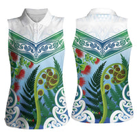 Aotearoa New Zealand Natural Plants Women Sleeveless Polo Shirt Pohutukawa with Silver Ferns Koru Frond Maori Tattoos