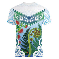 Aotearoa New Zealand Natural Plants Women V-Neck T-Shirt Pohutukawa with Silver Ferns Koru Frond Maori Tattoos
