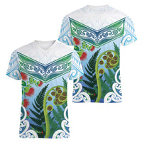 Aotearoa New Zealand Natural Plants Women V-Neck T-Shirt Pohutukawa with Silver Ferns Koru Frond Maori Tattoos