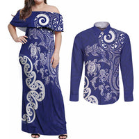 New Zealand Sea Animals with Maori Tribal Tattoo Couples Matching Off Shoulder Maxi Dress and Long Sleeve Button Shirt Blue Color