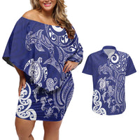 New Zealand Sea Animals with Maori Tribal Tattoo Couples Matching Off Shoulder Short Dress and Hawaiian Shirt Blue Color
