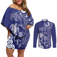 New Zealand Sea Animals with Maori Tribal Tattoo Couples Matching Off Shoulder Short Dress and Long Sleeve Button Shirt Blue Color