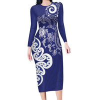 New Zealand Sea Animals with Maori Tribal Tattoo Family Matching Long Sleeve Bodycon Dress and Hawaiian Shirt Blue Color