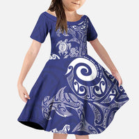New Zealand Sea Animals with Maori Tribal Tattoo Family Matching Off The Shoulder Long Sleeve Dress and Hawaiian Shirt Blue Color LT03 Daughter's Dress Blue - Polynesian Pride