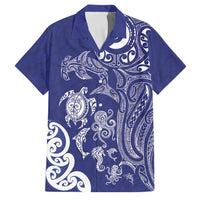 New Zealand Sea Animals with Maori Tribal Tattoo Family Matching Off The Shoulder Long Sleeve Dress and Hawaiian Shirt Blue Color LT03 Dad's Shirt - Short Sleeve Blue - Polynesian Pride