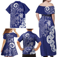 New Zealand Sea Animals with Maori Tribal Tattoo Family Matching Off Shoulder Maxi Dress and Hawaiian Shirt Blue Color