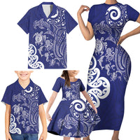 New Zealand Sea Animals with Maori Tribal Tattoo Family Matching Short Sleeve Bodycon Dress and Hawaiian Shirt Blue Color