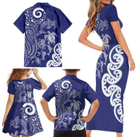 New Zealand Sea Animals with Maori Tribal Tattoo Family Matching Short Sleeve Bodycon Dress and Hawaiian Shirt Blue Color