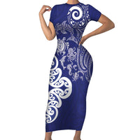 New Zealand Sea Animals with Maori Tribal Tattoo Family Matching Short Sleeve Bodycon Dress and Hawaiian Shirt Blue Color