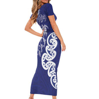 New Zealand Sea Animals with Maori Tribal Tattoo Family Matching Short Sleeve Bodycon Dress and Hawaiian Shirt Blue Color