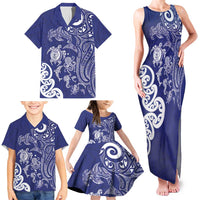 New Zealand Sea Animals with Maori Tribal Tattoo Family Matching Tank Maxi Dress and Hawaiian Shirt Blue Color