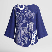 New Zealand Sea Animals with Maori Tribal Tattoo Kimono Sleeve Blouse Blue Color