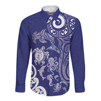 New Zealand Sea Animals with Maori Tribal Tattoo Long Sleeve Button Shirt Blue Color