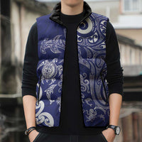 New Zealand Sea Animals with Maori Tribal Tattoo Sleeveless Puffer Jacket Blue Color