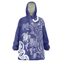 New Zealand Sea Animals with Maori Tribal Tattoo Wearable Blanket Hoodie Blue Color
