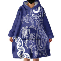 New Zealand Sea Animals with Maori Tribal Tattoo Wearable Blanket Hoodie Blue Color
