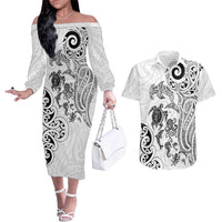 New Zealand Sea Animals with Maori Tribal Tattoo Couples Matching Off The Shoulder Long Sleeve Dress and Hawaiian Shirt White Color