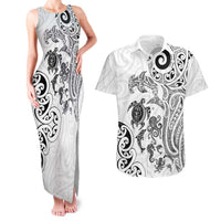 New Zealand Sea Animals with Maori Tribal Tattoo Couples Matching Tank Maxi Dress and Hawaiian Shirt White Color