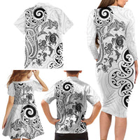 New Zealand Sea Animals with Maori Tribal Tattoo Family Matching Long Sleeve Bodycon Dress and Hawaiian Shirt White Color