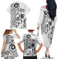 New Zealand Sea Animals with Maori Tribal Tattoo Family Matching Off The Shoulder Long Sleeve Dress and Hawaiian Shirt White Color