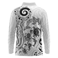 New Zealand Sea Animals with Maori Tribal Tattoo Long Sleeve Polo Shirt White Color