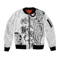 New Zealand Sea Animals with Maori Tribal Tattoo Sleeve Zip Bomber Jacket White Color