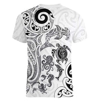 New Zealand Sea Animals with Maori Tribal Tattoo Women V-Neck T-Shirt White Color