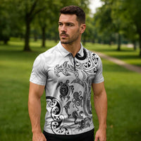 New Zealand Sea Animals with Maori Tribal Tattoo Zipper Polo Shirt White Color