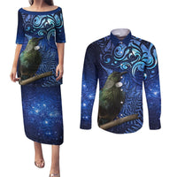 New Zealand Tui Bird Matariki Couples Matching Puletasi and Long Sleeve Button Shirt Maori New Year with Galaxy Fern LT03 Blue - Polynesian Pride