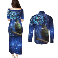 New Zealand Tui Bird Matariki Couples Matching Puletasi and Long Sleeve Button Shirt Maori New Year with Galaxy Fern LT03 - Polynesian Pride