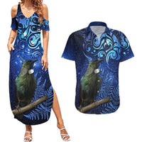 New Zealand Tui Bird Matariki Couples Matching Summer Maxi Dress and Hawaiian Shirt Maori New Year with Galaxy Fern LT03 Blue - Polynesian Pride