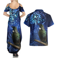 New Zealand Tui Bird Matariki Couples Matching Summer Maxi Dress and Hawaiian Shirt Maori New Year with Galaxy Fern LT03 - Polynesian Pride