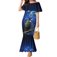 New Zealand Tui Bird Matariki Mermaid Dress Maori New Year with Galaxy Fern LT03 Women Blue - Polynesian Pride