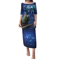 New Zealand Tui Bird Matariki Puletasi Maori New Year with Galaxy Fern LT03 Long Dress Blue - Polynesian Pride